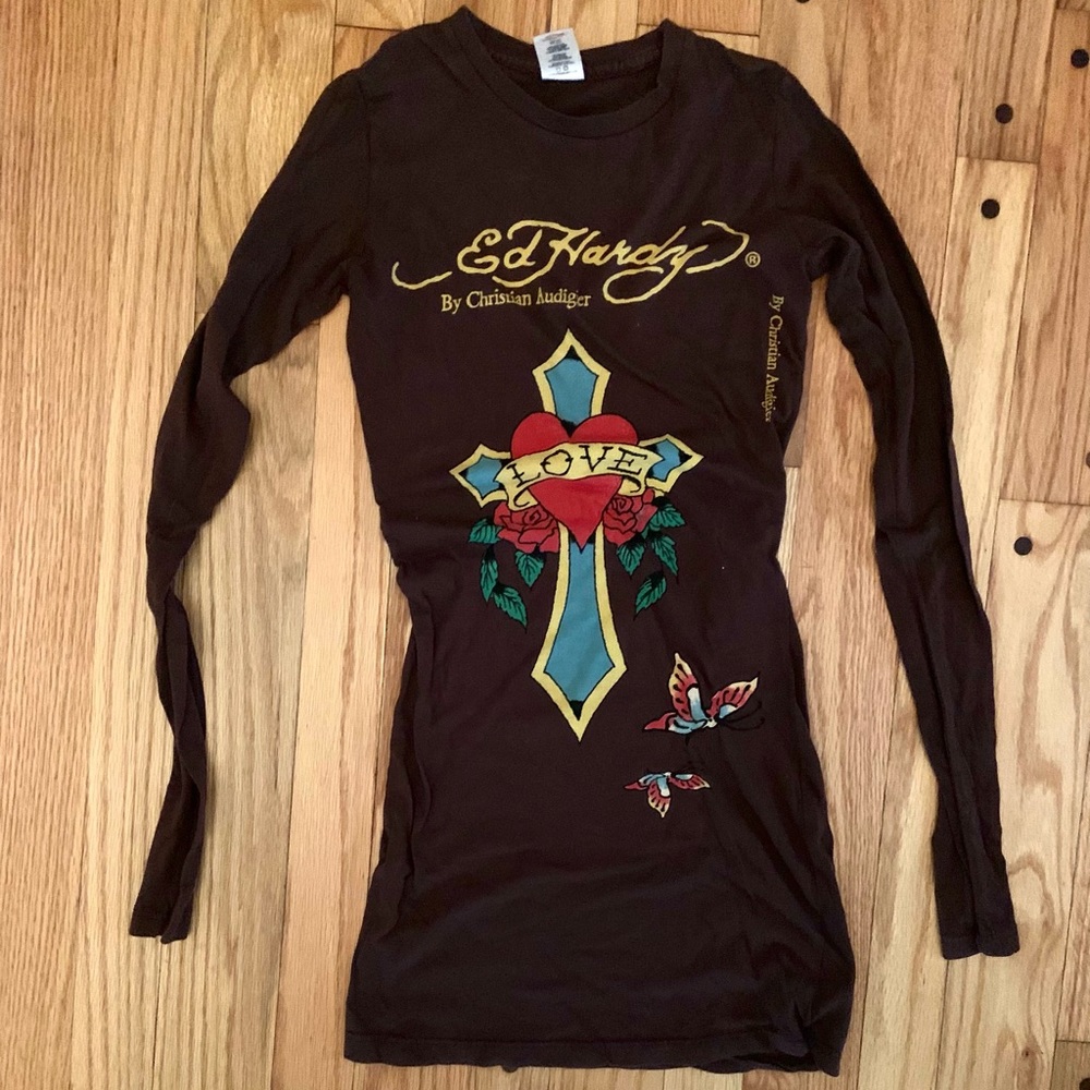 Ed Hardy By Christian Audigier brown long sleeve tee t-shirt
